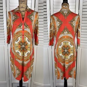 Sandra Darren 3/4 Sleeve Orange/White/Gold Dress
